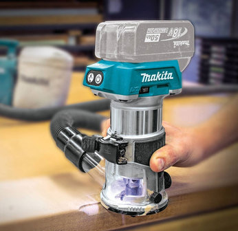 Makita 18V Boven- en kantenfrees Zonder accu&#039;s en lader, met diverse voeten, in Mbox met geleiderail adapter  