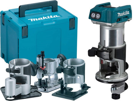 Makita 18V Boven- en kantenfrees Zonder accu&#039;s en lader, met diverse voeten, in Mbox met geleiderail adapter  