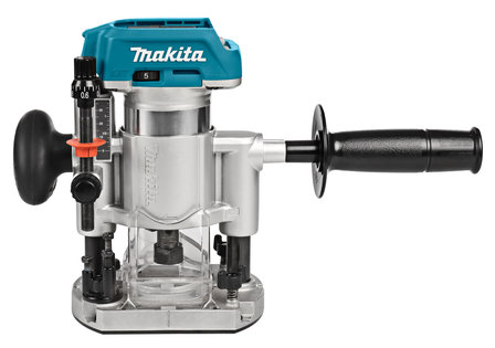 Makita 18V Boven- en kantenfrees Zonder accu&#039;s en lader, met diverse voeten, in Mbox met geleiderail adapter  