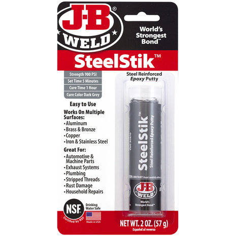 JB-Weld Steelstick, art.nr:8267, 1x 57-Gr. zeer sterk kneedbare 2-componenten koudlasmiddel Incl. Ontvetter!